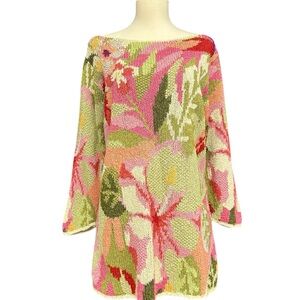 Vintage David Brooks Floral Silk Blend Knit Sweater Tunic Pink Green Spring
